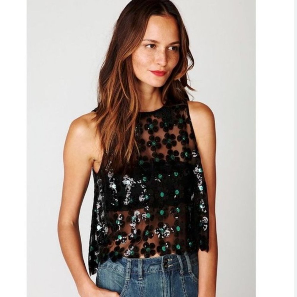 Free People New Romantics Sequin Daisy Floral Crop Sleeveless Tank Top size S